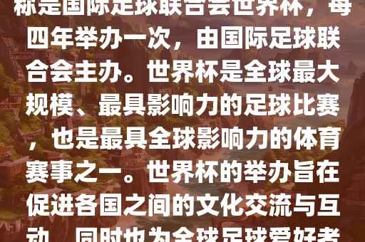 世界杯是一项国际足球赛事，全称是国际足球联合会世界杯，每四年举办一次，由国际足球联合会主办。世界杯是全球最大规模、最具影响力的足球比赛，也是最具全球影响力的体育赛事之一。世界杯的举办旨在促进各国之间的文化交流与互动，同时也为全球足球爱好者带来一场精彩的足球盛宴。
