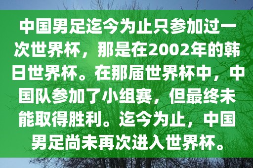 中国男足迄今为止只参加过一次世界杯，那是在2002年的韩日世界杯。在那届世界杯中，中国队参加了小组赛，但最终未能取得胜利。迄今为止，中国男足尚未再次进入世界杯。