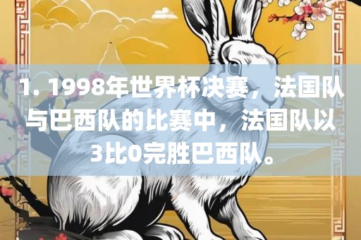 1. 1998年世界杯决赛，法国队与巴西队的比赛中，法国队以3比0完胜巴西队。