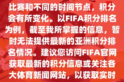 关于世界杯亚洲积分，不同的比赛和不同的时间节点，积分会有所变化。以FIFA积分排名为例，截至我所掌握的信息，暂时无法提供最新的亚洲积分排名情况。建议您访问FIFA官网获取最新的积分信息或关注各大体育新闻网站，以获取实时的世界杯亚洲积分排名。