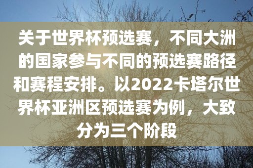 关于世界杯预选赛，不同大洲的国家参与不同的预选赛路径和赛程安排。以2022卡塔尔世界杯亚洲区预选赛为例，大致分为三个阶段