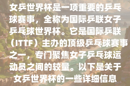 女乒世界杯是一项重要的乒乓球赛事，全称为国际乒联女子乒乓球世界杯。它是国际乒联（ITTF）主办的顶级乒乓球赛事之一，专门聚焦女子乒乓球运动员之间的较量。以下是关于女乒世界杯的一些详细信息
