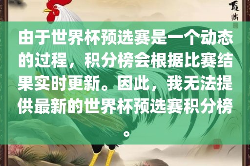 由于世界杯预选赛是一个动态的过程，积分榜会根据比赛结果实时更新。因此，我无法提供最新的世界杯预选赛积分榜。