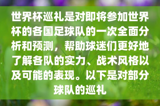 世界杯巡礼是对即将参加世界杯的各国足球队的一次全面分析和预测，帮助球迷们更好地了解各队的实力、战术风格以及可能的表现。以下是对部分球队的巡礼
