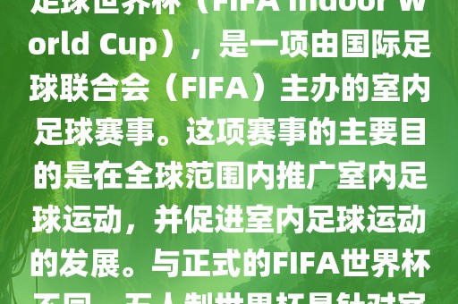 五人制世界杯，也被称为室内足球世界杯（FIFA Indoor World Cup），是一项由国际足球联合会（FIFA）主办的室内足球赛事。这项赛事的主要目的是在全球范围内推广室内足球运动，并促进室内足球运动的发展。与正式的FIFA世界杯不同，五人制世界杯是针对室内足球的比赛。