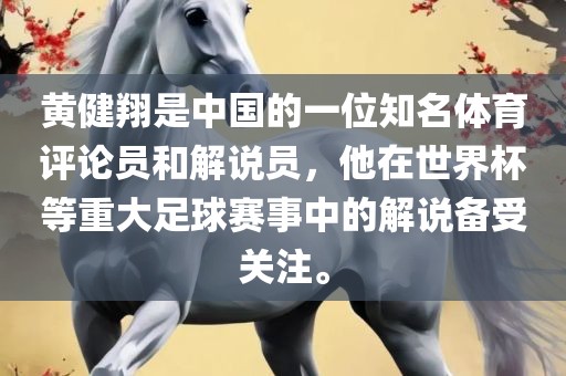 黄健翔是中国的一位知名体育评论员和解说员，他在世界杯等重大足球赛事中的解说备受关注。