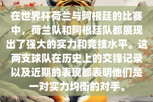 在世界杯荷兰与阿根廷的比赛中，荷兰队和阿根廷队都展现出了强大的实力和竞技水平。这两支球队在历史上的交锋记录以及近期的表现都表明他们是一对实力均衡的对手。