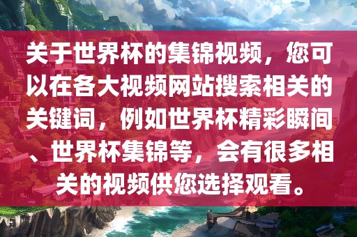 关于世界杯的集锦视频，您可以在各大吉安市靖泰电力工程有限公司视频网站搜索相关的关键词，例如世界杯精彩瞬间、世界杯集锦等，会有很多相关的视频供您选择观看。