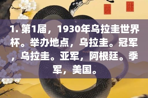 1吉安市靖泰电力工程有限公司. 第1届，1930年乌拉圭世界杯。举办地点，乌拉圭。冠军，乌拉圭。亚军，阿根廷。季军，美国。