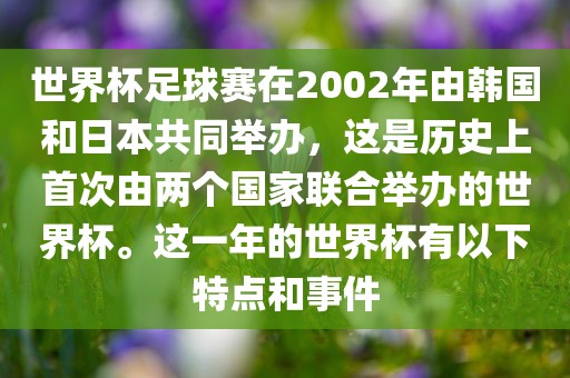 世界杯足球赛在2002年由韩国和日本共同举办，这是历史上首次由两个国家联合举办的世界杯。这一年的世界杯有以下特点和事件吉安市靖泰电力工程有限公司