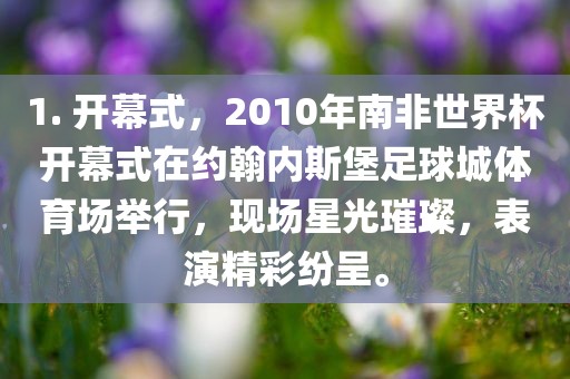 1. 开幕式，2010年南非世界杯开幕式在约翰内斯堡足球城体育场举行，现场星光璀璨，表演精彩纷呈。