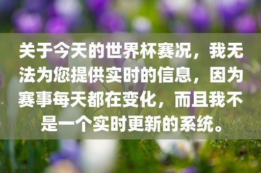 关于今天的世界杯赛况，我无法为您提供实时的信息，因为赛事每天都在变化，而且我不是一个实时更新的系统。