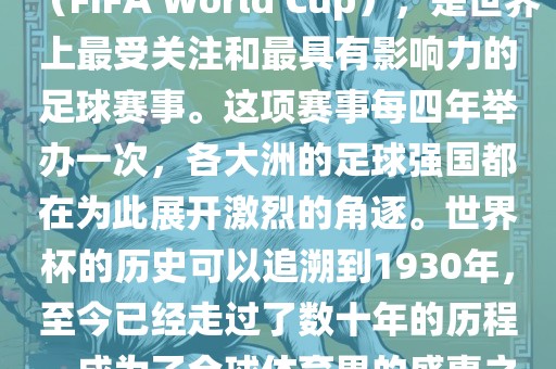 世界杯，全称国际足联世界杯（FIFA World Cup），是世界上最受关注和最具有影响力的足球赛事。这项赛事每四年举办一次，各大洲的足球强国都在为此展开激烈的角逐。世界杯的历史可以追溯到1930年，至今已经走过了数十年的历程，成为了全球体育界的盛事之一。