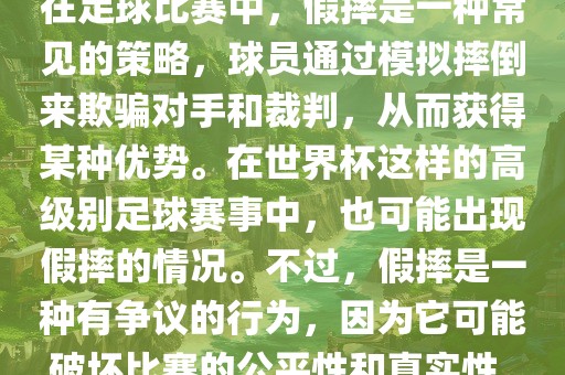 在足球比赛中，假摔是一种常见的策略，球员通过模拟摔倒来欺骗对手和裁判，从而获得某种优势。在世界杯这样的高级别足球赛事中，也可能出现假摔的情况。不过，假摔是一种有争议的行为，因为它可能破坏比赛的公平性和真实性。
