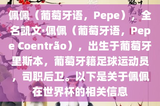 佩佩（葡萄牙语，Pepe），全名凯文·佩佩（葡萄牙语，Pepe Coentr?o），出生于葡萄牙里斯本，葡萄牙籍足球运动员，司职后卫。以下是关于佩佩在世界杯的相关信息