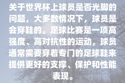 关于世界杯上球员是否光脚的问题，大多数情况下，球员是会穿鞋的。足球比赛是一项高强度、高对抗性的运动，球员通常需要穿着专门的足球鞋来提供更好的支撑、保护和性能表现。