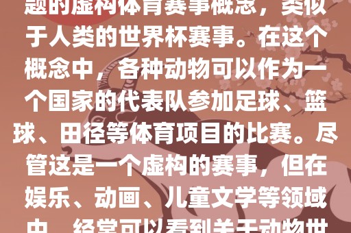 动物世界杯是一个以动物为主题的虚构体育赛事概念，类似于人类的世界杯赛事。在这个概念中，各种动物可以作为一个国家的代表队参加足球、篮球、田径等体育项目的比赛。尽管这是一个虚构的赛事，但在娱乐、动画、儿童文学等领域中，经常可以看到关于动物世界杯的故事和情节。