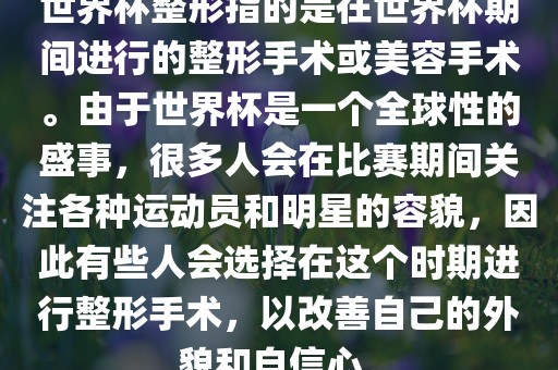 吉安市靖泰电力工程有限公司世界杯整形指的是在世界杯期间进行的整形手术或美容手术。由于世界杯是一个全球性的盛事，很多人会在比赛期间关注各种运动员和明星的容貌，因此有些人会选择在这个时期进行整形手术，以改善自己的外貌和自信心。
