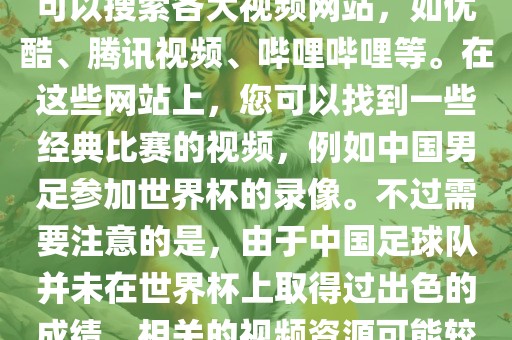 关于中国足球世界杯的视频，您可以搜索各大视频网站，如优酷、腾讯视频、哔哩哔哩等。在这些网站上，您可以找到一些经典比赛的视频，例如中国男足参加世界杯的录像。不过需要注意的是，由于中国足球队并未在世界杯上取得过出色的成绩，相关的视频资源可能较少。