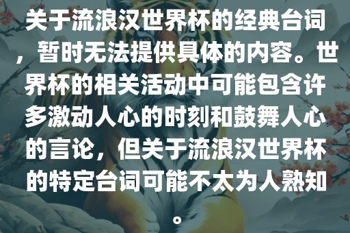 关于流浪汉世界杯的经典台词，暂时无法提供具体的内容。世界杯的相关活动中可能包含许多激动人心的时刻和鼓舞人心的言论，但关于流浪汉世界杯的特定台词可能不太为人熟知。