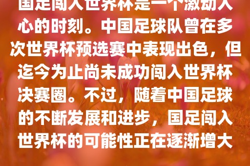 国足闯入世界杯是一个激动人心的时刻。中国足球队曾在多次世界杯预选赛中表现出色，但迄今为止尚未成功闯入世界杯决赛圈。不过，随着中国足球的不断发展和进步，国足闯入世界杯的可能性正在逐渐增大。