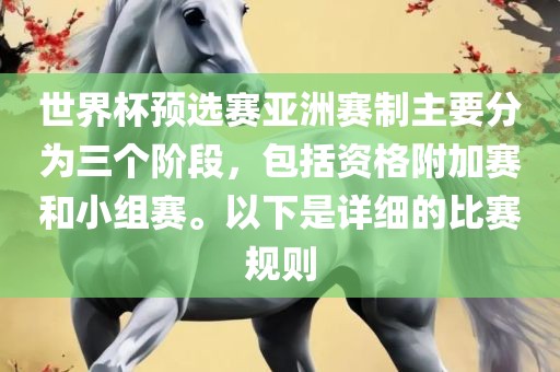 世界杯预选赛亚洲赛制主要分为三个阶段，包括资格附加赛和小组赛。以下是详细的比赛规则