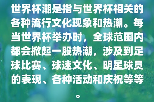 世界杯潮是指与世界杯相关的各种流行文化现象和热潮。每当世界杯举办时，全球范围内都会掀起一股热潮，涉及到足球比赛、球迷文化、明星球员的表现、各种活动和庆祝等等。
