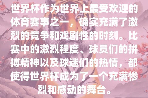 世界杯作为世界上最受欢迎的体育赛事之一，确实充满了激烈的竞争和戏剧性的时刻。比赛中的激烈程度、球员们的拼搏精神以及球迷们的热情，都使得世界杯成为了一个充满惨烈和感动的舞台。