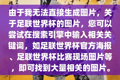 由于我无法直接生成图片，关于足联世界杯的图片，您可以尝试在搜索引擎中输入相关关键词，如足联世界杯官方海报、足联世界杯比赛现场图片等，即可找到大量相关的图片。