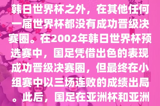 中国国家男子足球队在世界杯的表现并不出色。除了2002年韩日世界杯之外，在其他任何一届世界杯都没有成功晋级决赛圈。在2002年韩日世界杯预选赛中，国足凭借出色的表现成功晋级决赛圈，但最终在小组赛中以三场连败的成绩出局。此后，国足在亚洲杯和亚洲预选赛中的表现一直起伏不定，未能再次打进世界杯。