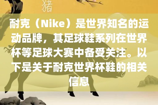 耐克（Nike）是世界知名的运动品牌，其足球鞋系列在世界杯等足球大赛中备受关注。以下是关于耐克世界杯鞋的相关信息
