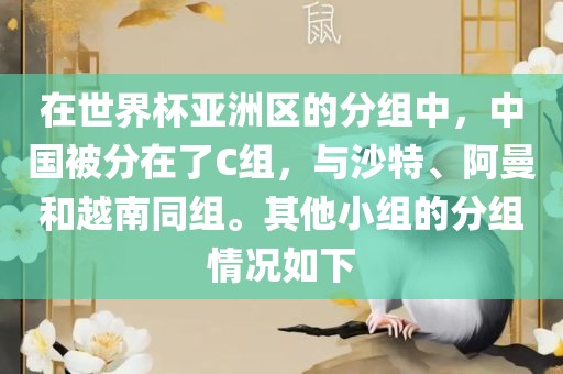 在世界杯亚洲区的分组中，中国被分在了C组，与沙特、阿曼和越南同组。其他小组的分组情况如下
