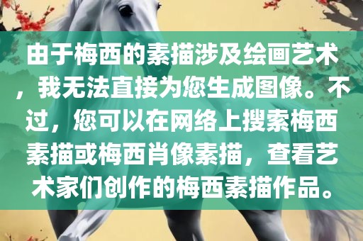 由于梅西的素描涉及绘画艺术，我无法直接为您生成图像。不过，您可以在网络上搜索梅西素描或梅西肖像素描，查看艺术家们创作的梅西素描作品。
