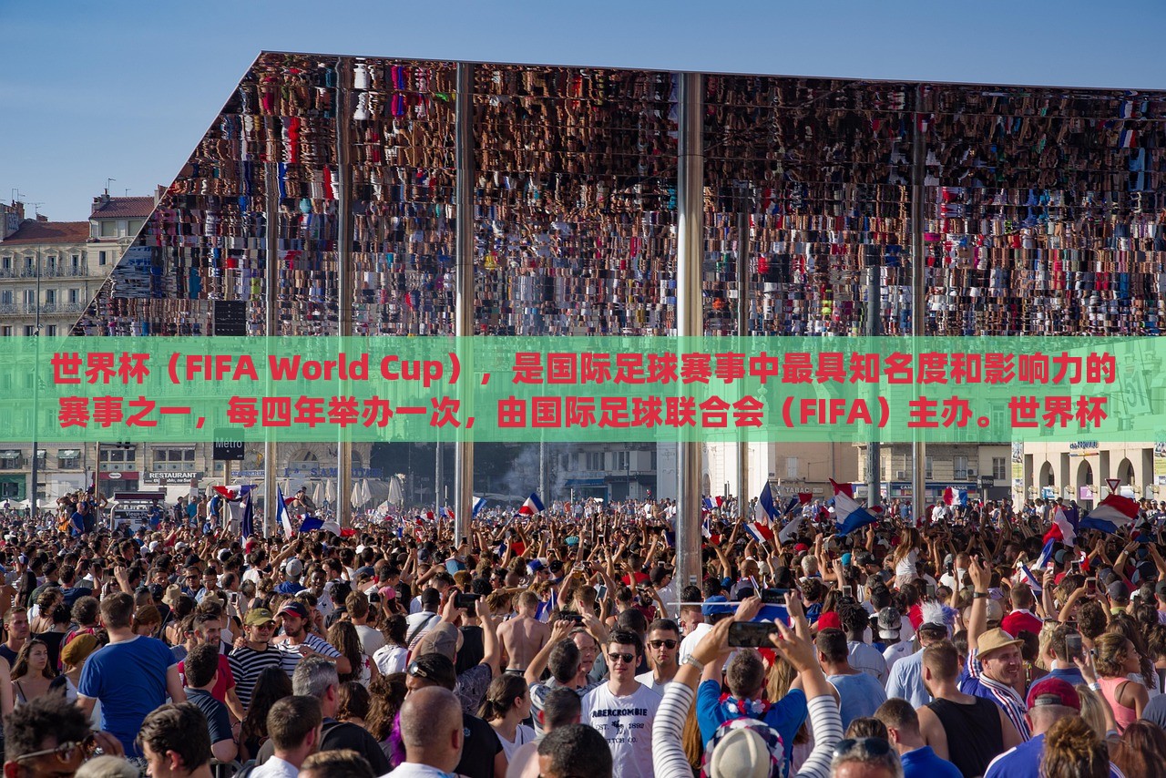 世界杯（FIFA World Cup），是国际足球赛事中最具知名度和影响力的赛事之一，每四年举办一次，由国际足球联合会（FIFA）主办。世界杯的举办是为了促进全球足球运动的发展，并加强各国之间的交流与友谊。世界杯赛事的规模和影响力在逐渐扩大，已经成为全球体育界最盛大的赛事之一。